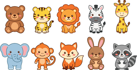 Kawaii Style Baby Animal Vector Collection Featuring Lion, Tiger, Bear, Elephant, Giraffe, Zebra, Fox, and Raccoon for Nursery Decor, Kids Stickers, and Stationery Designs © Ismail