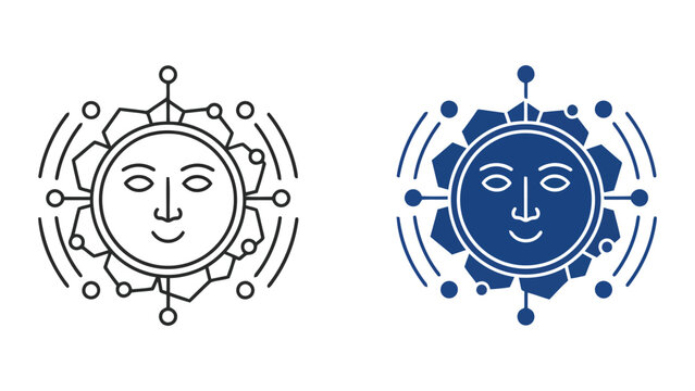 Artificial intelligence cognitive processing icon with sun face and neural network elements for smart technology and machine learning