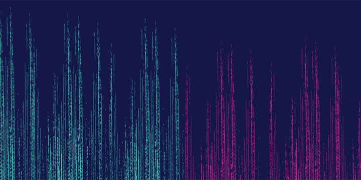 Abstract Digital Glitch Lines Background. Futuristic Data Visualization Pattern with Teal and Pink Vertical Strips on Dark Blue for Technology Web Header, Cyber Security, and Big Data Concept.