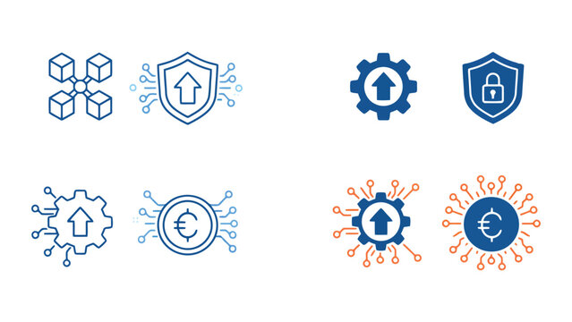 Digital blockchain and security infrastructure icon set featuring shield with lock and currency symbols for financial technology and crypto asset protection in professional vector graphic style