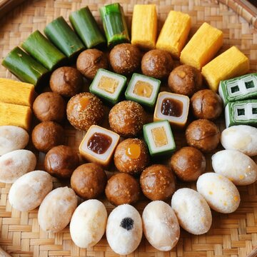 Assorted colorful traditional Malaysian kueh snacks arranged on woven mat. Various shapes sizes and colors of sweet desserts like onde onde seri muka and kuih lapis.