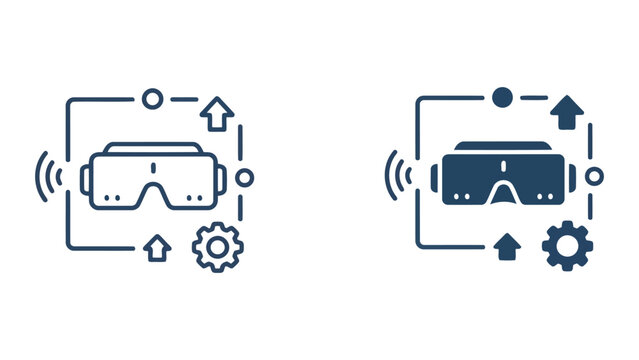 Virtual reality headset setup and configuration icon with gear and navigation arrows in vector style