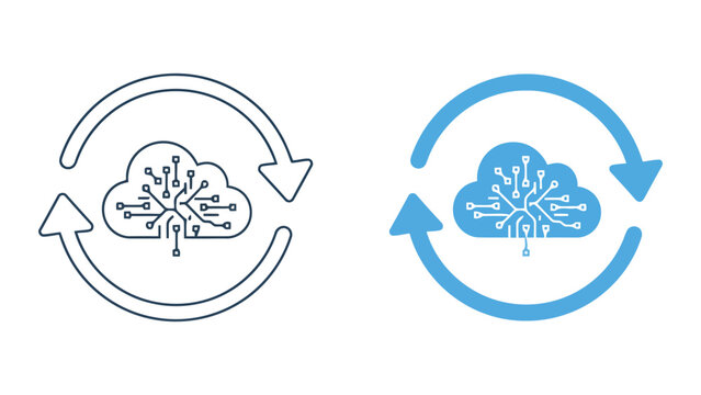 Cloud computing infrastructure icon with circuit board pattern inside a cloud shape and circular refresh arrows for data synchronization and technology update concepts in vector style