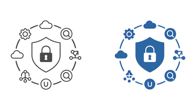 Shield with padlock icon surrounded by cloud and network search symbols representing secure cloud computing and data protection in outline and solid blue style for corporate IT security services