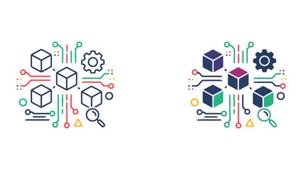 Fototapeta premium Data block chain and digital research icon set featuring cubes and circuit board paths for blockchain technology and data analytics concepts in line and solid vector illustration on white