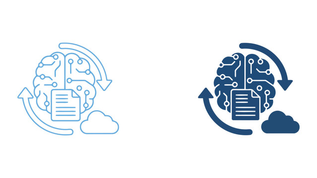 Brain data processing icon with cloud storage and revolving arrows for machine learning data synchronization and artificial intelligence concepts in professional vector graphic design for tech