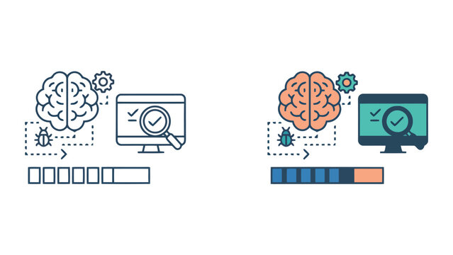 Brain testing and bug fixing icon set featuring human brain and computer monitor with search tool for software development and artificial intelligence debugging in vector design