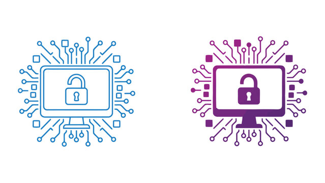 Computer security and unlocked data access icon set with circuit board motherboard pattern for cybersecurity and digital privacy visualization in blue and purple gradient