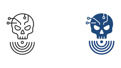 Cybersecurity and digital threat icon featuring robotic skull with circuit board patterns and signal waves for computer virus malware and network security vulnerability warning concept on white © AHMED