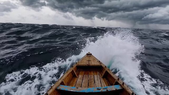 Powerful view of wooden boat bow cutting through dark heavy waves during ocean storm, white sea foam splashing against vessel front, dangerous sea travel across rough water under grey cloudy sky