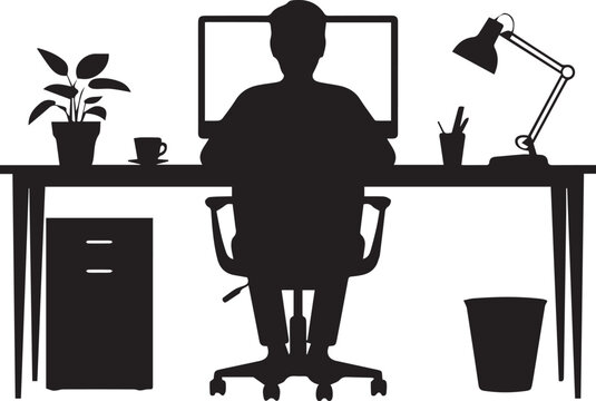 Silhouette of person sitting at a desk with computer and lamp Vector
