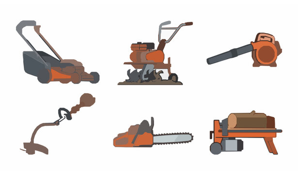 Garden tools vector set &ndash; lawn mower, chainsaw, trimmer, and landscaping equipment