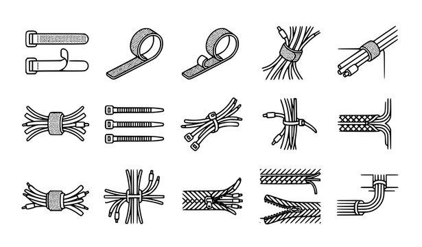 Cable management icon set &ndash; hook and loop, zip tie, wire sleeve thin line vector