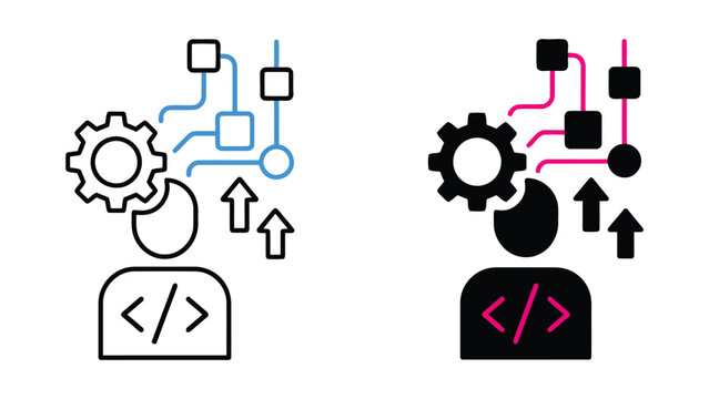 Software developer coding and logic icon set with gears and nodes for programming and systems architecture concepts in black and blue
