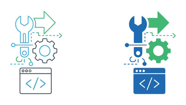 Software development concept with wrench and gear icon above coding window for technical support and web maintenance vector illustration set