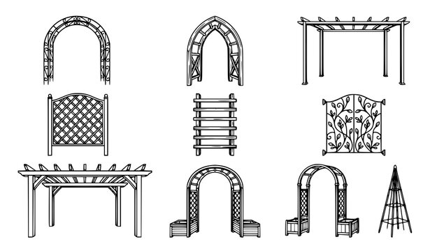 Garden arch and trellis line art vector set &ndash; outdoor decorative plant structures