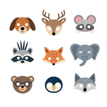 Animal face mask set with dog deer mouse raccoon fox elephant bear penguin and wolf vector