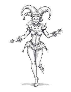 Female jester in costume dancing playfully.