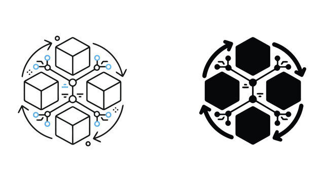 Blockchain technology cycle diagram with hexagonal blocks and interconnected nodes as a conceptual vector illustration for decentralized networks