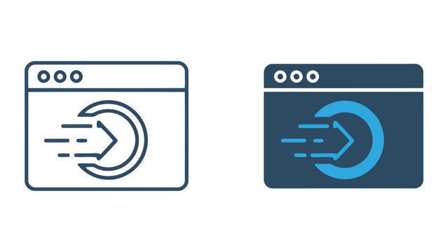 Website browser window with fast loading arrow icon for web performance and digital speed optimization concept in flat vector style