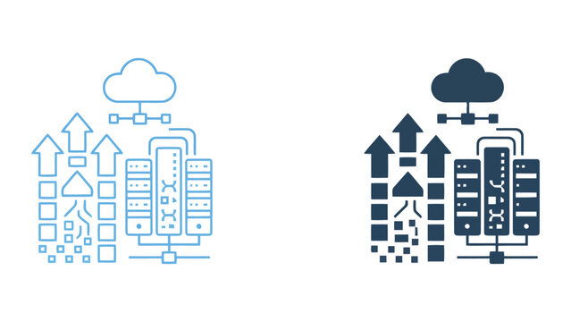 Cloud server infrastructure and data center migration icons with network connectivity for scalable distributed computing and IT operations