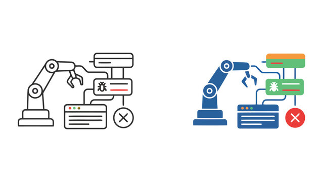 Automated software testing and bug fixing process icon showing robotic arm interacting with code modules and error reports for DevOps and continuous integration workflow visualization in flat design