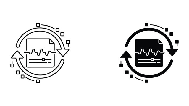 Data synchronization and file processing icon with circular arrows and waveform graph for system updates and cloud computing operations vector illustration in black and white minimalist style