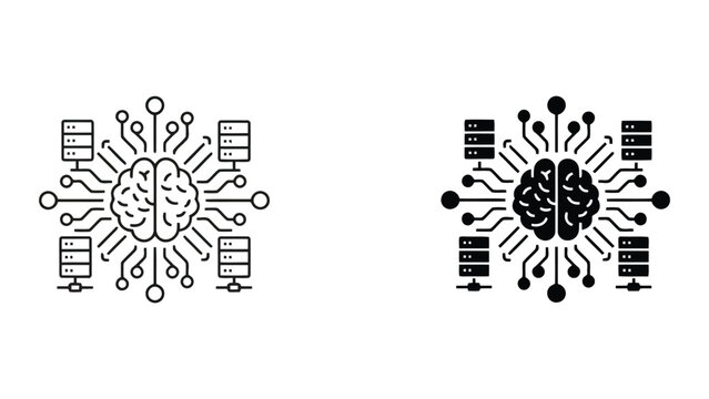 Conceptual illustration of human brain connected to server racks representing artificial intelligence data processing and cloud computing infrastructure in linear and bold silhouette vector icon set