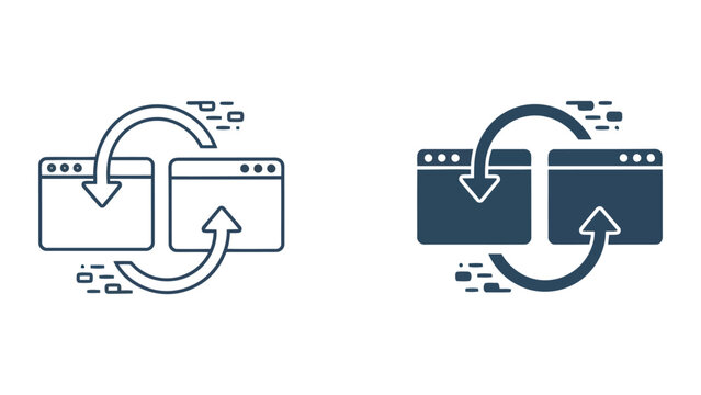 Data synchronization and web browser transfer icon set illustrating file exchange and system updates between two software windows with arrows in linear and dark solid graphic design formats