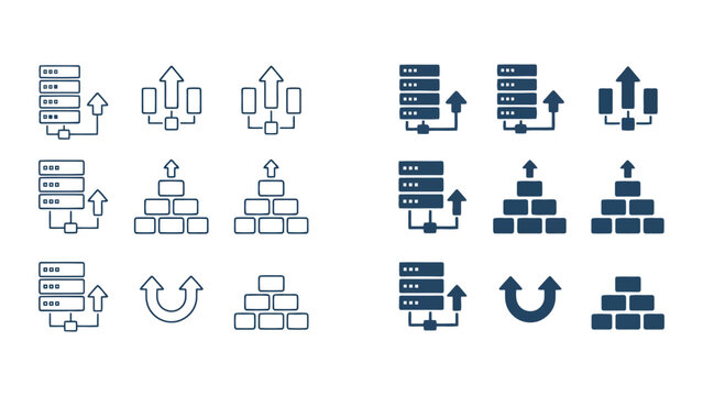 Server management and data hierarchy icons showing upload processes and structured storage systems for database administration vector illustration set