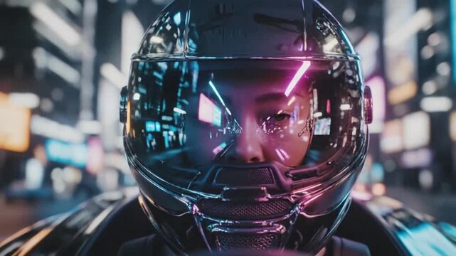 Person wearing reflective helmet in city ideal for sleek commercial backgrounds and title sequences