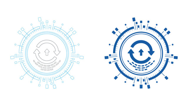 System update and data synchronization circular interface icon featuring arrow loop and digital nodes in blue line art and solid style for software upgrade and cloud technology management visuals
