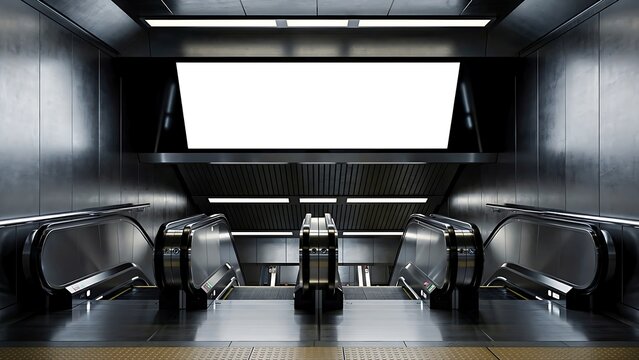 In a subway station interior, a large blank rectangular white digital billboard mockup mounted above sleek escalators bathed in overhead panel lights on moody dark background