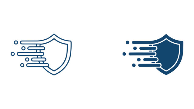 Set of speed shield icons representing digital security and rapid data protection in linear and solid styles isolated on white background for cybersecurity concepts