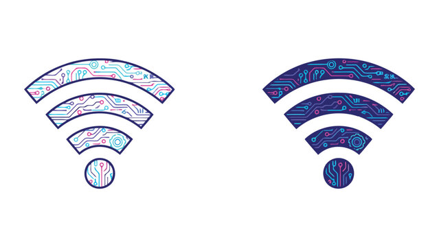 Digital wifi signal icons with circuit board texture pattern for wireless network connectivity and high technology communication concepts