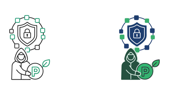 Eco friendly cybersecurity protection with hooded hacker holding green planet icon for environmental data security and digital sustainability