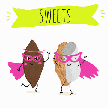 Funny Characters mostaccino, Ossa di morto, le ossa dei morti, italy dessert, hand drawn vector illustration.