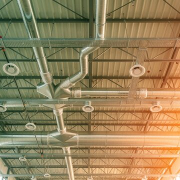 Industrial ventilation ductwork installation mounted on a warehouse ceiling for HVAC systems, facility management and climate control infrastructure maintenance