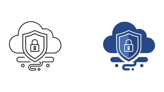 Cloud storage security shield with padlock and data stream lines representing protected cloud computing and secure file storage solutions for business data management and digital cloud infrastructures