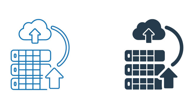 Cloud server data upload icon with storage unit and arrows for cloud computing and file transfer concept