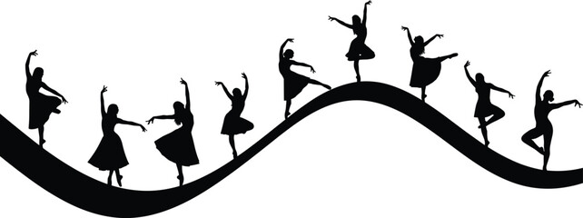 Ballet Dancer Silhouette Collection with Graceful Female Dance Poses on Abstract Wave Composition Design © MdAzibur