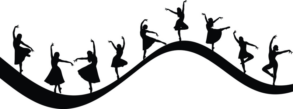 Ballet Dancer Silhouette Collection with Graceful Female Dance Poses on Abstract Wave Composition Design