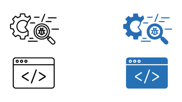 Software code debugging icon set with gear and magnifying glass searching for system errors on web browser window isolated vector graphics for development and programming and technical support