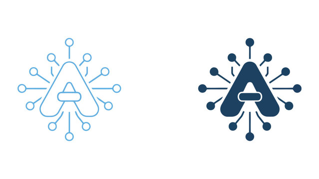 Creative letter A logo design with circuit board nodes and connections in blue outline and solid fill styles for technology branding and software development company identity vector illustration