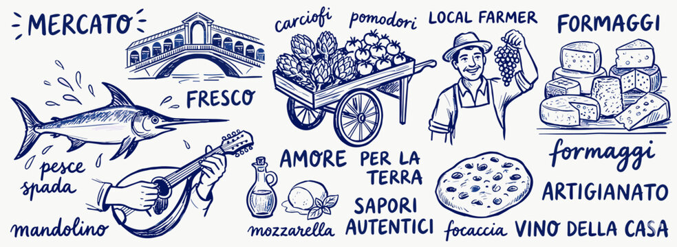 Italian Local Market Hand Drawn Doodle Icon Set with Venice Bridge Farmer Cheese and Swordfish