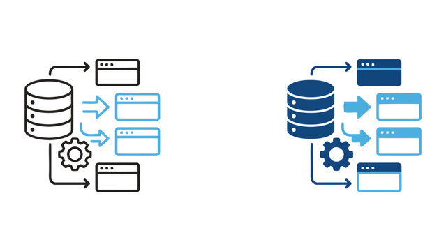 Database management system architecture with server icon and connected browser windows as a flat vector illustration
