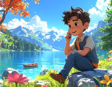 Boy on phone by scenic lake with mountains