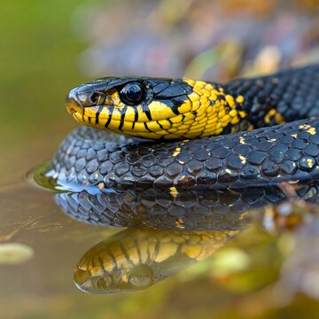 Black snake with yellow markings on head in water