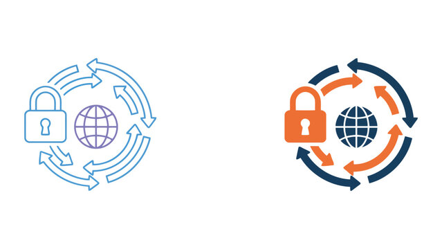 Global data security cycle icon with padlock and world globe in circular arrow design in outline and solid vector styles for cyber protection and international privacy concepts for professional use