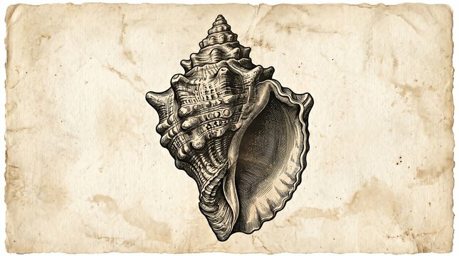 Detailed illustration of a textured seashell on a vintage parchment background.